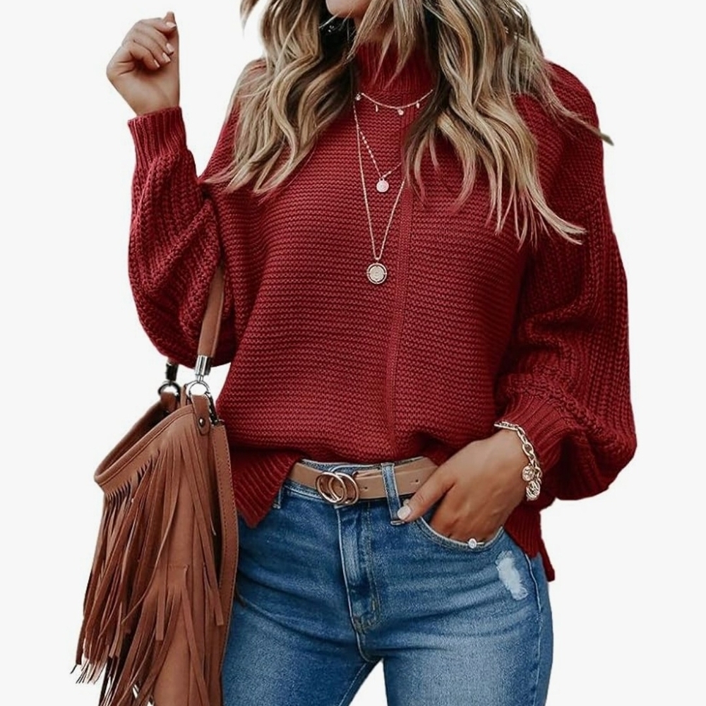 Women's Red Knit Mock Neck Sweater
